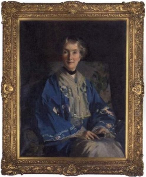 Portrait Of Mrs. Agnes Innes, Nee Barlow, In A Blue Embroidered Kimono, Holding A Fan Oil Painting by George Henry