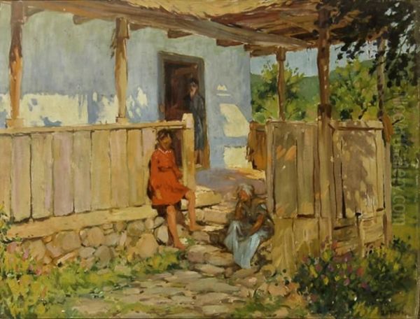 Compozitie Cu Casa De Tara Si Doua Personaje In Cerdac. Oil Painting by Mauriciu Barat