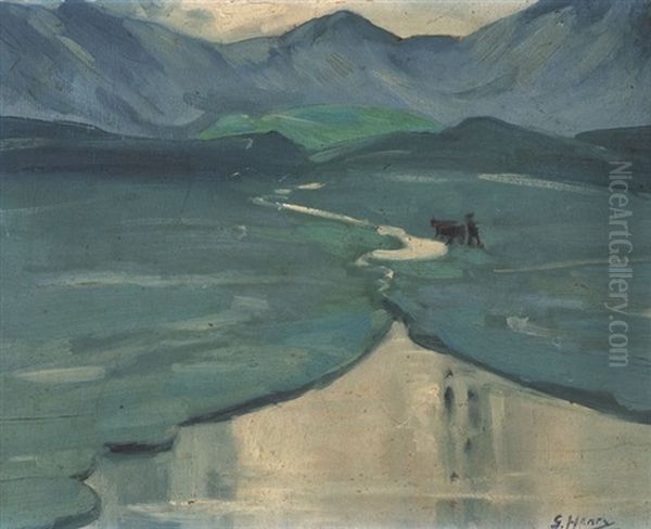 Winding River With Horse And Figure And Mountains Beyond by Grace Henry