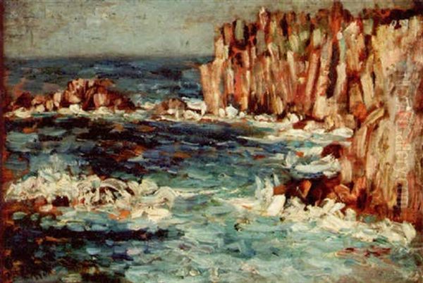 Waves Breaking On A Rocky Coastline Oil Painting by James Levin Henry