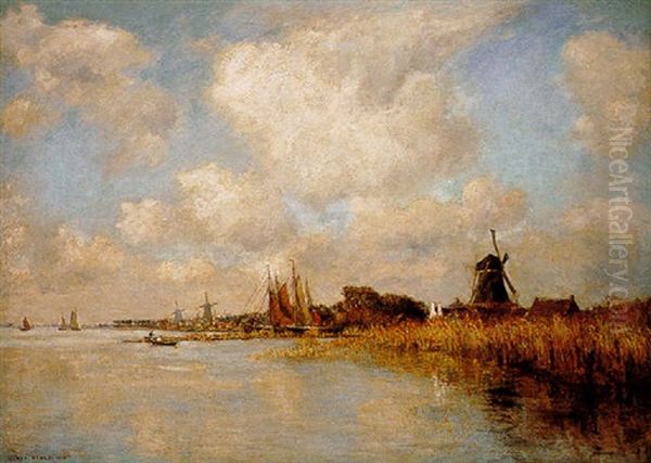 Windmills By The River Oil Painting by James Levin Henry