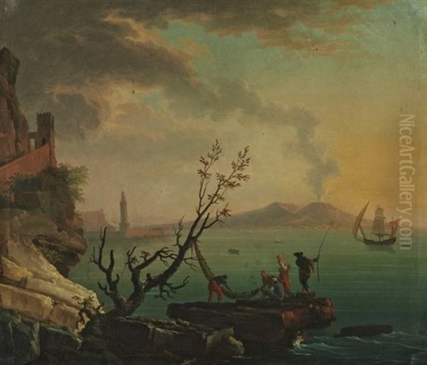 Ansicht Von Neapel, Mit Fischern Im Vordergrund Und Dem Vesuv Im Hintergrund Oil Painting by Jean d'Arles Henry