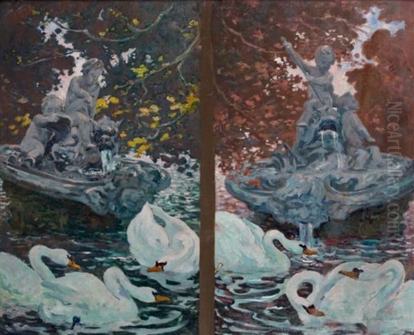 Cygnes (diptych) Oil Painting by Edouard Louis Henry-Baudot