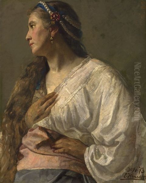 Die Italienische Braut (bildnis Einer Jungen Frau Mit Perlenhaarschmuck Und Goldohring) Oil Painting by Ernst Henseler