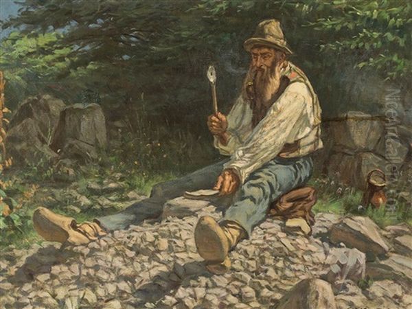 Old Man Working Oil Painting by Ernst Henseler