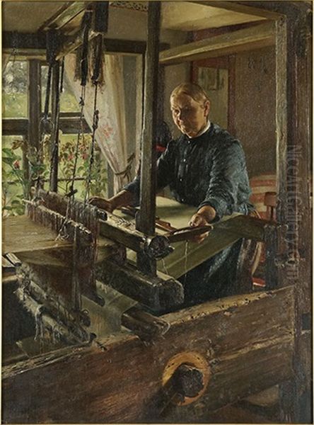 The Weaver At Her Loom Oil Painting by Ernst Henseler