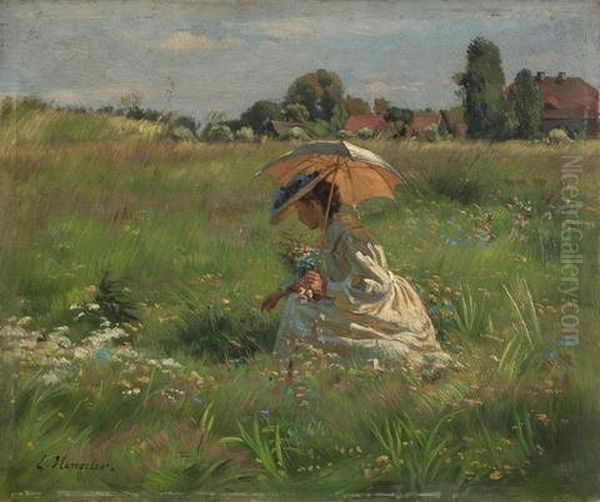 Blumen Pfluckende Frau Mit Sonnenschirm (vergissmeinnicht) Oil Painting by Ernst Henseler