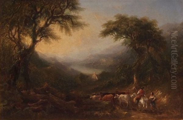 Figures And Cattle In North Wales Landscape Oil Painting by Frederick Henry Henshaw