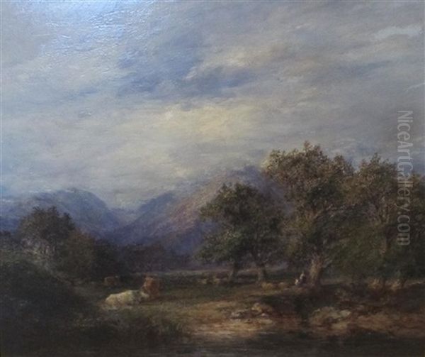 An Extensive Landscape With Cattle, Sheep And Drovers Near Trees Oil Painting by Frederick Henry Henshaw