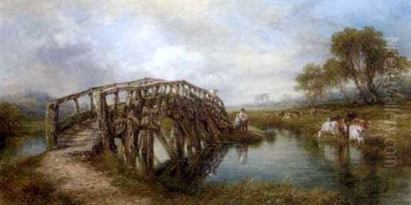 Cattle Watering In An Extensive Landscape Oil Painting by Frederick Henry Henshaw