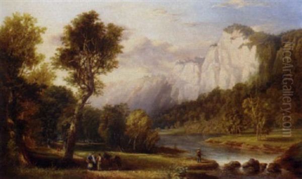 An Angler By A River In A Rocky River Landscape Oil Painting by Frederick Henry Henshaw