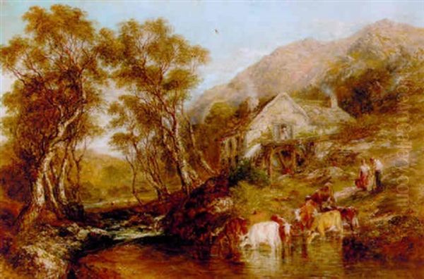 Cattle Watering By A Watermill Oil Painting by Frederick Henry Henshaw