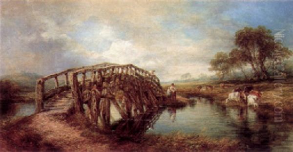 River Landscape With Cattle And Figures By A Bridge Oil Painting by Frederick Henry Henshaw