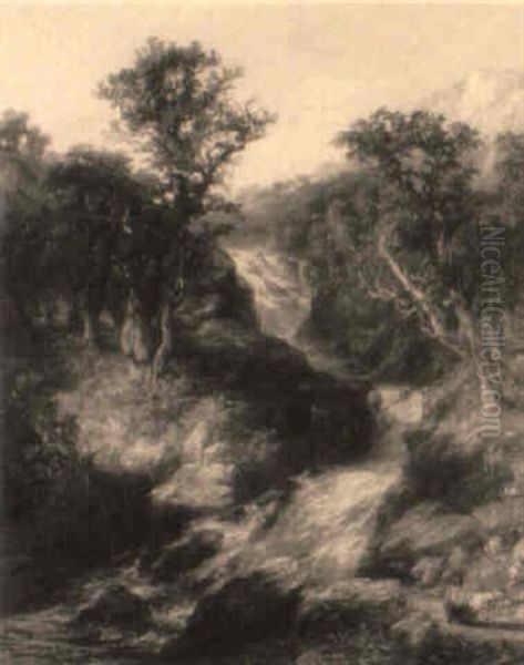 A Mountainous Wooded River Landscape With A Goatherder In The Foreground Oil Painting by Frederick Henry Henshaw