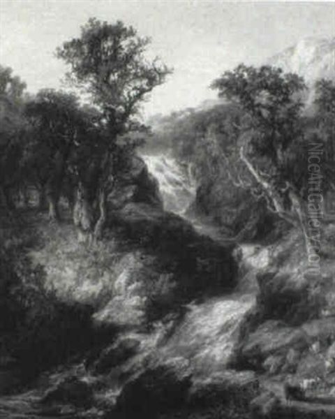 A Mountainous Wooded River Landscape With A Goatherder In The Foreground Oil Painting by Frederick Henry Henshaw