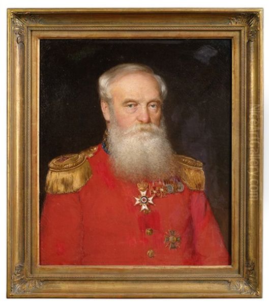 Portrait Des Oberst Otto Franz Leopold Georg Freiherr Knigge (geb. Leveste 1808) In Rotem Uniformrock. Portrait Der Wilhelmine Therese Freifrau Knigge, Geb. Von Landesberg (1816-1871) Oil Painting by Harry von Hente