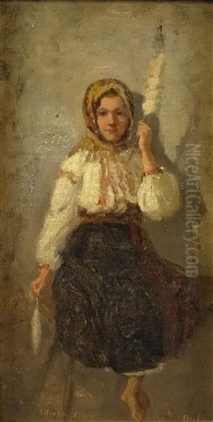 Tartar Woman Spinning Oil Painting by Sava Hentia