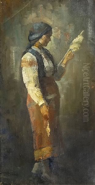 Peasant With Distaff Oil Painting by Sava Hentia