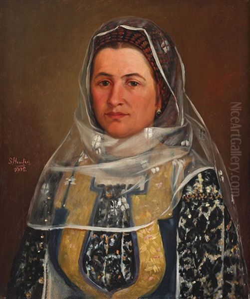 Portret De Femeie In Costum Popular Oil Painting by Sava Hentia