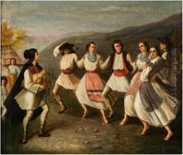 'hora'; A Group Of Six Traditional Romanian Dancers In An Upland Village Scene With Accompanying Musician Oil Painting by Sava Hentia