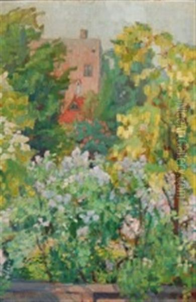 View From A Balcony With Flowering Bushes And Trees Oil Painting by Gudmund Herman Peter Hentze