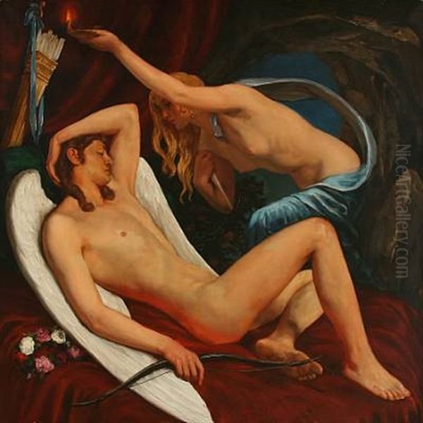 Cupid And Psyche Oil Painting by Gudmund Herman Peter Hentze