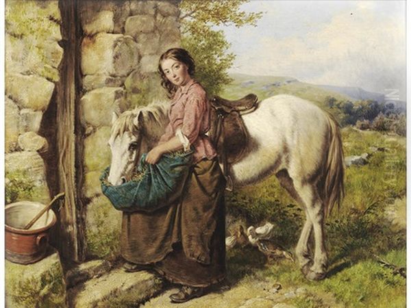 A Girl Feeding A Horse In A Landscape Oil Painting by Isaac Henzell