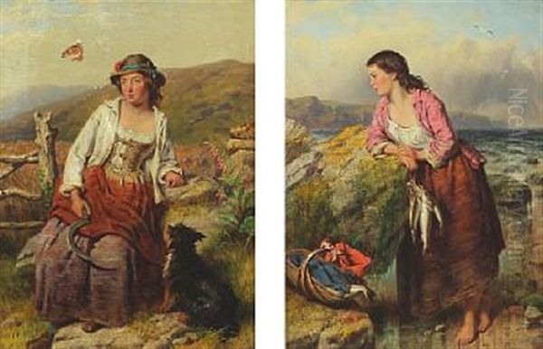 Farm Girl (+ Fisher Girl; Pair) Oil Painting by Isaac Henzell