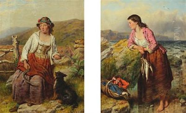 Farm Girl And Fisher Girl (pair) Oil Painting by Isaac Henzell