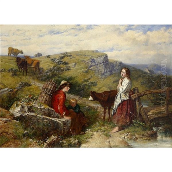 Rustic Scene With Two Girls And A Child Oil Painting by Isaac Henzell