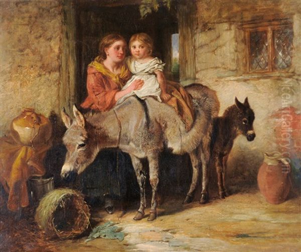 Mother And Child With Donkeys Beside A Cottage Door Oil Painting by Isaac Henzell