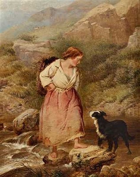 Pige Med Sin Hund I Et Bjerglandskab Oil Painting by Isaac Henzell