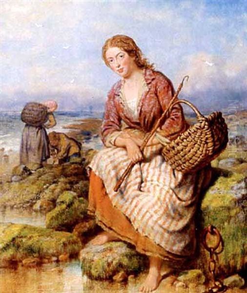 Pretty Fishergirl And Clam Diggers On The Coast Oil Painting by Isaac Henzell