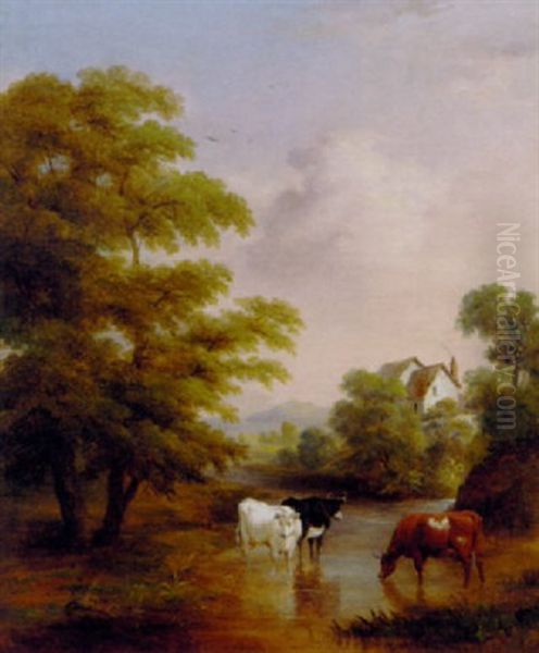 Cattle Watering Before A Cottage In A Wooded Landscape Oil Painting by Isaac Henzell