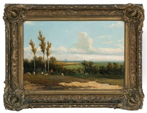 A Shepherd Gazes Over A Landscape Oil Painting by Johannes Jacobus (Jan) Heppener