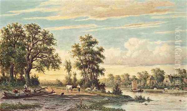 A Pastoral Landscape Oil Painting by Johannes Jacobus (Jan) Heppener