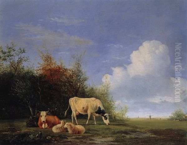 Landschaft Mit Windmuhle, Schafen Und Kuhen Oil Painting by Johannes Jacobus (Jan) Heppener