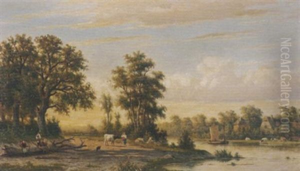 A Pastoral Landscape Oil Painting by Johannes Jacobus (Jan) Heppener