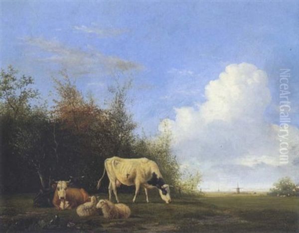 Kuhe Und Schafe Auf Der Weide Oil Painting by Johannes Jacobus (Jan) Heppener