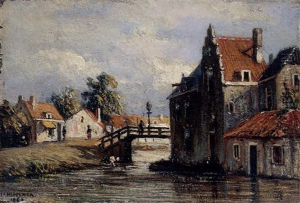 A View Of A Canal Oil Painting by Johannes Jacobus (Jan) Heppener