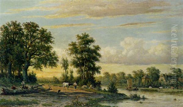 A River Landscape Oil Painting by Johannes Jacobus (Jan) Heppener