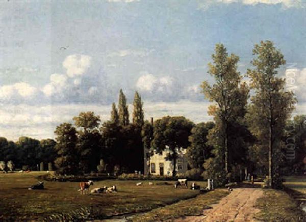 Cows Grazing By A Country Estate Oil Painting by Johannes Jacobus (Jan) Heppener