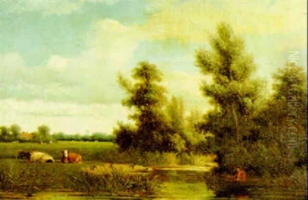 A River Landscape With Figure Fishing From A Boat, Cattle Resting By The River An Extensive View Beyond Oil Painting by Johannes Jacobus (Jan) Heppener