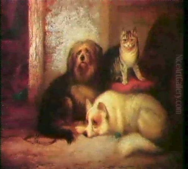 Stubeninterieur Mit Hunden Undkatzen Oil Painting by George Hepper