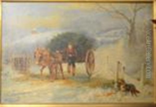 Boy With A Donkey Cart In A Winter Landscape Oil Painting by Wilson Hepple