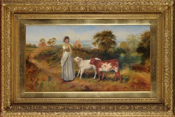 A Farmgirl And Two Calves On A Path Overlooking Runswick Bay, North Yorkshire Oil Painting by Wilson Hepple