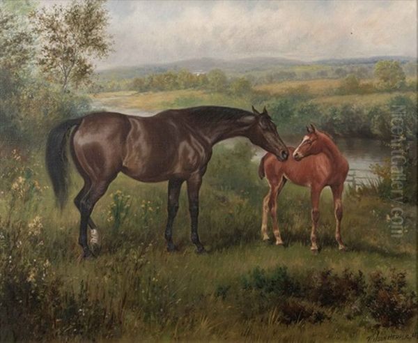 Mare And Foul In A River Landscape Oil Painting by Wilson Hepple