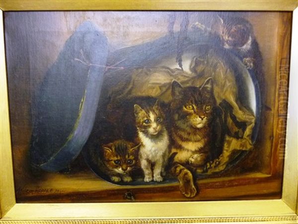 Cat And Three Kittens Beside A Hatbox Oil Painting by Wilson Hepple