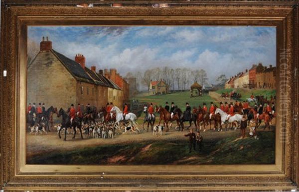 The Tynedale Foxhounds: A Meet At Stamfordham Village, Approx Oil Painting by Wilson Hepple