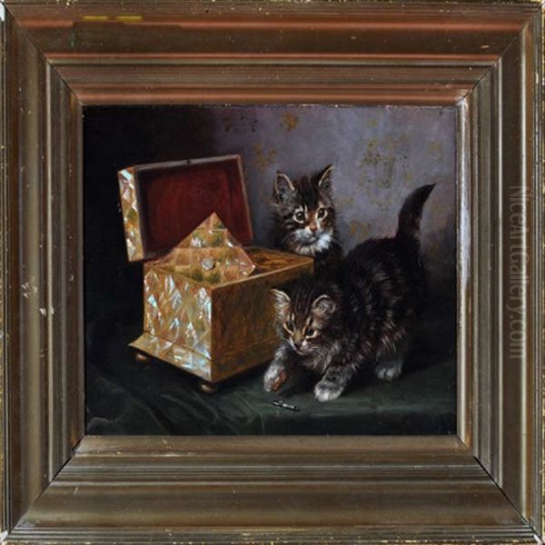 Two Kittens At Play Near A Mother-of-pearl Tea Caddy Oil Painting by Wilson Hepple